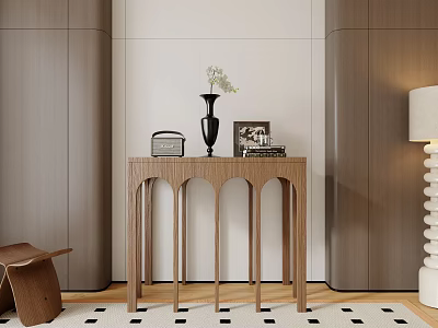 Wooden Console Table With Arched Design Featuring Vase Photo Frame Radio And Wall Cabinet 3d model