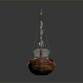 Wooden Sailboat Model With Brown Hull Green Sails Red Lifebuoy And Green Lantern