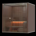 SPA Sauna Wooden Interior With Vertical Striped Walls LED Lighting Bench And Cabinet
