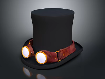 Steampunk Black Top Hat With Brown Leather Strap And Round White Lenses 3d model