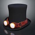 Steampunk Black Top Hat With Brown Leather Strap And Round White Lenses