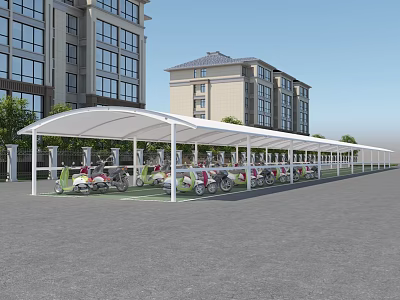 White Shade Canopy for Electric Bikes Parking in Residential Area with High Rise Buildings 3d model