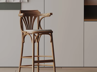 Modern Wooden Bar Stool With Curved Backrest Armrests And Padded Seat In Kitchen Interior 3d model