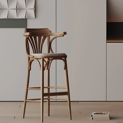 Modern Wooden Bar Stool With Curved Backrest Armrests And Padded Seat In Kitchen Interior 3d model