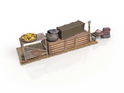 Traditional Market Stall Display With Wooden Crates Clay Pot Bananas And Woven Straw 3d model