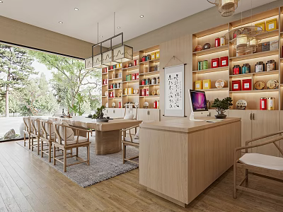 Chinese Style Tea Store With Display Shelves Tables And Open Space Interior 3d model