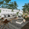 Tranquil Outdoor Garden Landscape with Green Trees Sofa Chairs String Lights and Wooden Flooring
