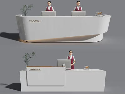 Modern White Reception Desk Featuring Chanel Logo Red Uniformed Receptionists And Green Plants 3d model