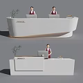 Modern White Reception Desk Featuring Chanel Logo Red Uniformed Receptionists And Green Plants
