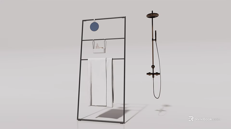 Modern Bathroom Cabinet Frame With Black Structure Circular Mirror And Towel Holder 3d model 