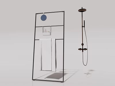 Modern Bathroom Cabinet Frame With Black Structure Circular Mirror And Towel Holder 3d model