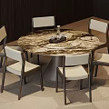 Round Marble Dining Table Set With Six Light Colored Chairs And Metal Frame 3d model