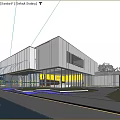 Modern Sales Office Building Featuring Gray Stone Facade Large Glass Curtain Walls And Landscaped Garden
