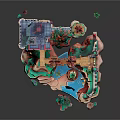 Cartoon Scene Of Floating Island With Colorful Castles Buildings Trees And Waterfall