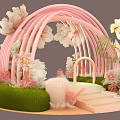 Floral Installation Design With Pink Arch White Pink Flowers Green Grass Decorative Steps And Silhouette Figure