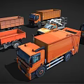 Five Orange Trucks Various Types Including Dump Garbage And Crane Trucks Against Black Background 3d model