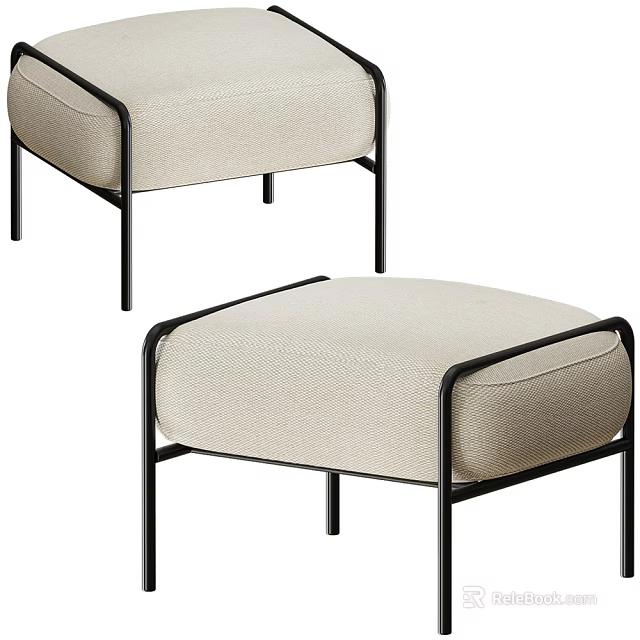Sleek Beige Fabric Ottoman with Black Metal Frame and Modern Upholstered Design 3d model 