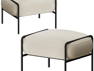 Sleek Beige Fabric Ottoman with Black Metal Frame and Modern Upholstered Design 3d model