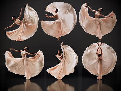 Woman Dancing in Pink Long Dress with Multiple Poses Against Black Background and Flowing Skirt 3d model