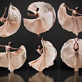 Woman Dancing in Pink Long Dress with Multiple Poses Against Black Background and Flowing Skirt