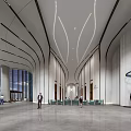 Modern Lobby Reception Area With Blue Striped Feature Wall And Marble Countertop Lighting