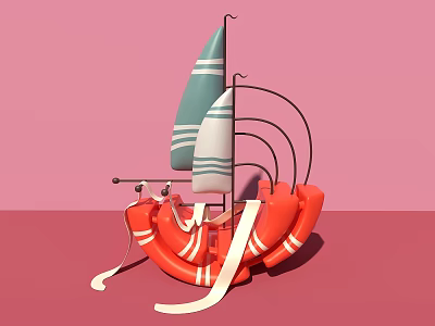 Commercial Equipment With Red Lifebuoy Base Green White Striped Sail Black Curved Structure And Streamers 3d model