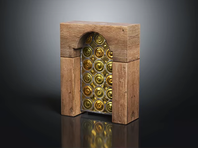 Arch Shaped Wooden Gate With Neatly Arranged Golden Circular Decorations And Wooden Frame 3d model