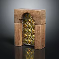 Arch Shaped Wooden Gate With Neatly Arranged Golden Circular Decorations And Wooden Frame