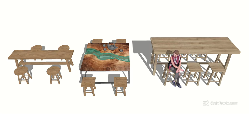 Wooden Dining Table Set Featuring Round Rectangular Long Tables and Matching Stools 3d model 