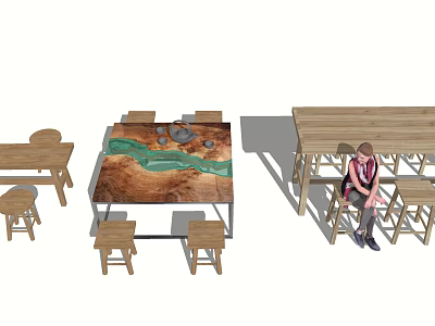 Wooden Dining Table Set Featuring Round Rectangular Long Tables and Matching Stools 3d model