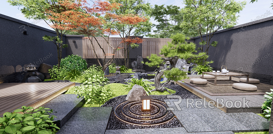 Japanese-style courtyard withered landscape courtyard garden landscape stone rockery waterscape red maple pine tree landscape plant landscape shrub green plant tea table Tingbu model