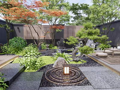 Traditional Courtyard Garden With Rockery Stones Green Plants Pine Tree Lantern And Pebble Path 3d model