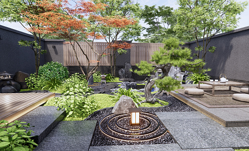 Japanese-style courtyard withered landscape courtyard garden landscape stone rockery waterscape red maple pine tree landscape plant landscape shrub green plant tea table Tingbu 3d model