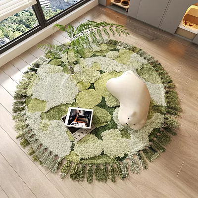 Round Green And White Leaf Pattern Fringed Edges Carpet With White Bear Cushion And Plant 3d model