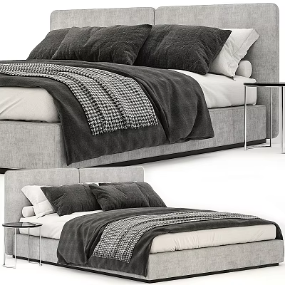 Gray Double Bed Frame With Black Pillows And Plaid Blanket Near Nightstand 3d model