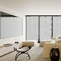 Modern Open Living Dining Room Interior With Large Windows Blinds Sofa And Pendant Lights