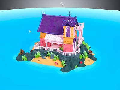 Cartoon Scene Of Island With Colorful House Purple Roof Blue Ocean Sandy Beach And Seagulls 3d model