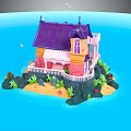 Cartoon Scene Of Island With Colorful House Purple Roof Blue Ocean Sandy Beach And Seagulls