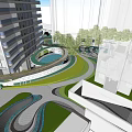 Scenic Outdoor Public Space With Wooden Dome Structures Walkway And Green Lawn