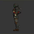 Standing Humanoid Figure in Metallic Gray Armor with Green Visor and Red Details