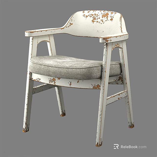 Vintage Distressed White Frame Accent Chair With Gray Padded Seat And Armrests 3d model 