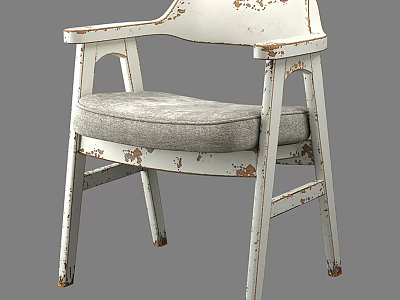 Vintage Distressed White Frame Accent Chair With Gray Padded Seat And Armrests 3d model