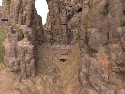 Rock Canyon Passage With Tall Mossy Stone Walls And Dirt Pathway 3d model