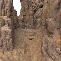 Rock Canyon Passage With Tall Mossy Stone Walls And Dirt Pathway