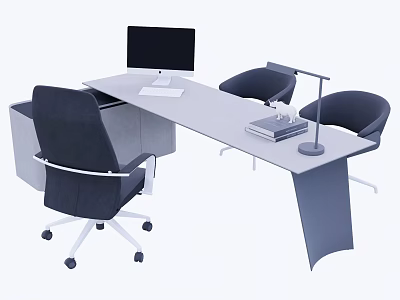 Modern Office Desk Setup with Computer Monitor Keyboard Desk Lamp Books and Comfortable Chairs 3d model