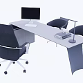 Modern Office Desk Setup with Computer Monitor Keyboard Desk Lamp Books and Comfortable Chairs