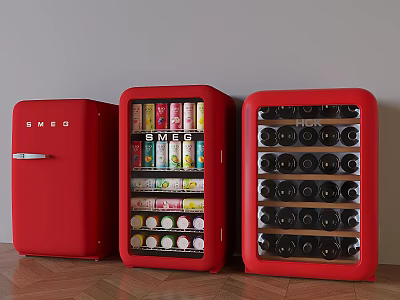 Red SMEG Refrigerator Beverage Cooler and Wine Storage Units in Modern Interior 3d model