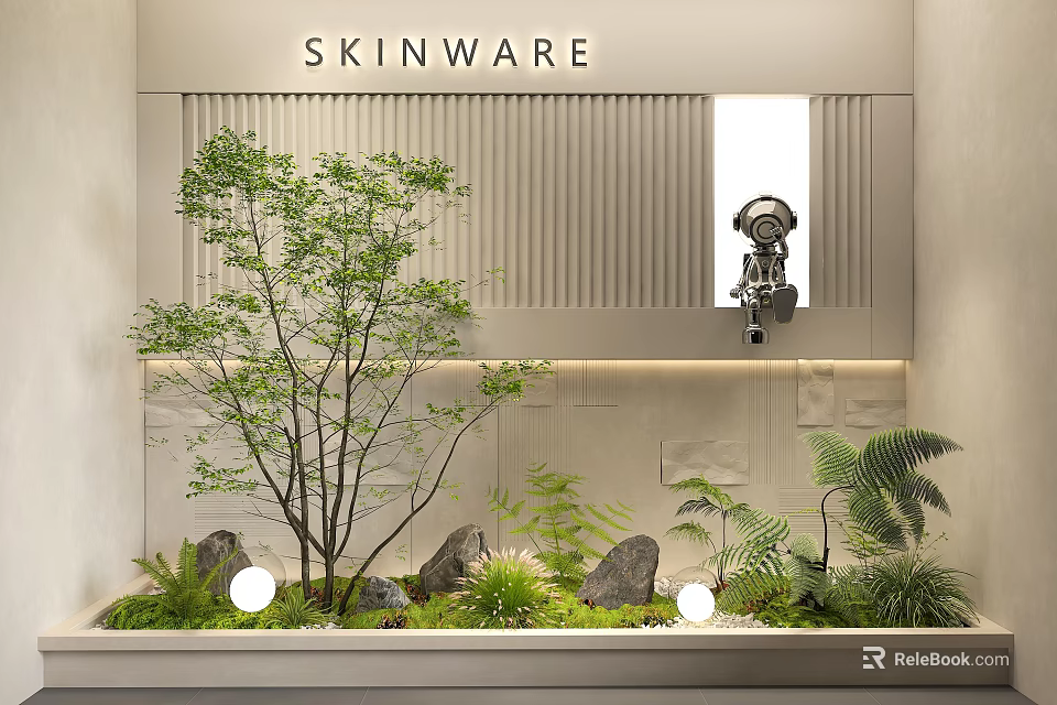 Modern Indoor Landscape With Tree Green Plants Stones Vertical Striped Wall And Astronaut Model 3d model 