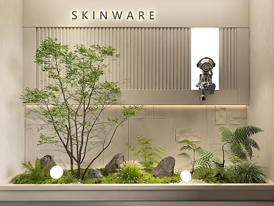 Modern Indoor Landscape With Tree Green Plants Stones Vertical Striped Wall And Astronaut Model 3d model