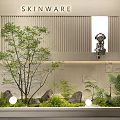 Modern Indoor Landscape With Tree Green Plants Stones Vertical Striped Wall And Astronaut Model